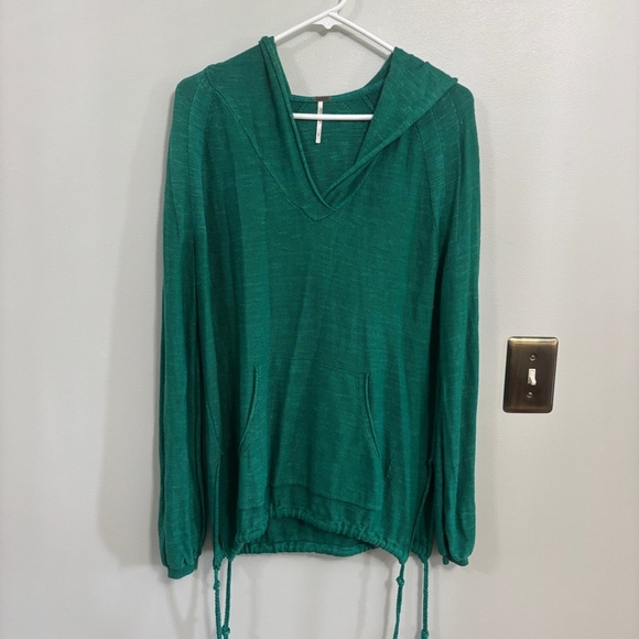 Free People Optimistic Green Side Tie Knit V-Neck Pullover Hoodie small - Picture 1 of 11